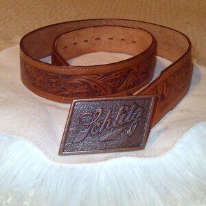 Vintage Schlitz Buckle Belt 34 Tooled Leather, Cowboy Retro Nostalgic Statement